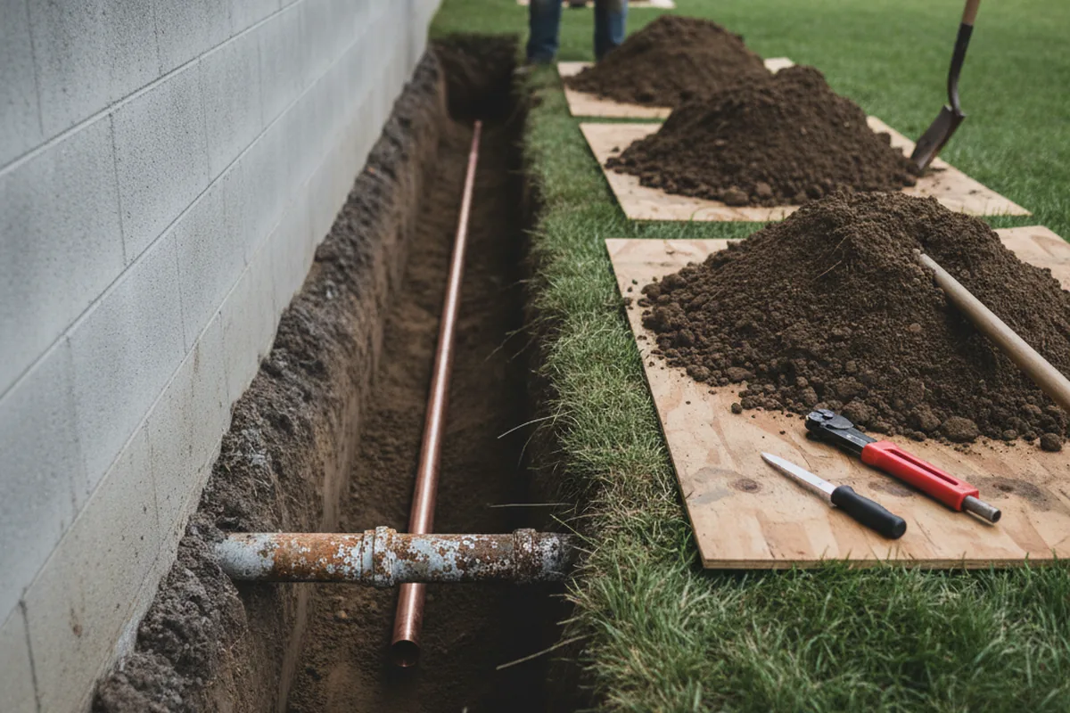 Excavated water line trench during Water Softener Installation in Thompsons Station